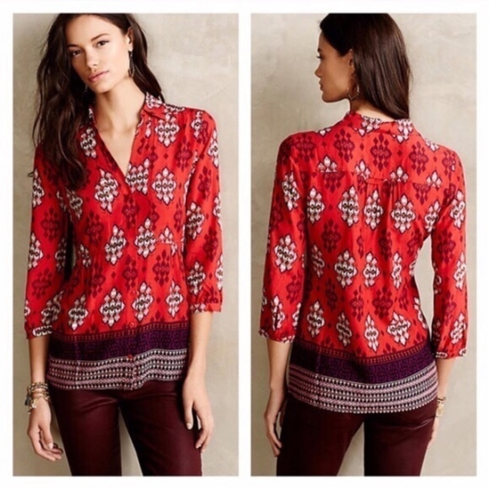 Anthropologie Maeve Red Aztec Print 3/4 Sleeve Button Down Blouse